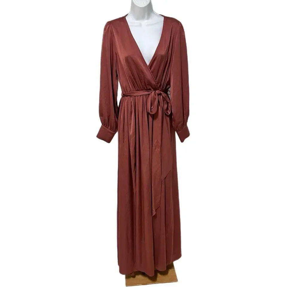 Baltic Born Maxi Dress Size Large Rust Tie Waist Long Sleeve Formal Gown - Picture 3 of 14